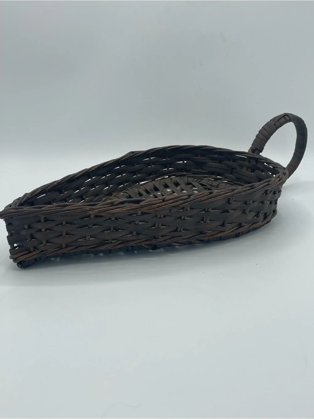 Vintage Handwoven Brown Oval Serving Tray Basket with Side Handle Signed Madeira